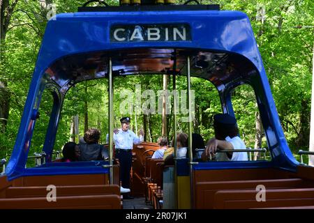 USA Maryland Colesville Montgomery County National Capital Trolley Museum - tram di strada passeggeri su un tram barca Foto Stock