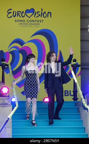 Dion Cooper e mia Nicolai partecipano al Big Eurovision Welcome Party della National Lottery a St George's Hall, Liverpool. Data immagine: Domenica 7 maggio 2023. Foto Stock