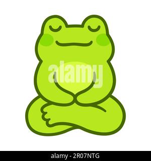 Carino piccolo cartone animato rana seduta in meditazione. Semplice kawaii meditando gelido illustrazione vettore. Illustrazione Vettoriale