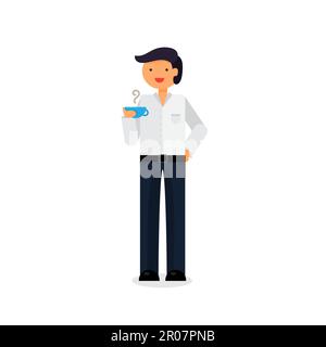 Lavoratore di ufficio è di bere il caffè o il tè in pausa. Vettore Illustrazione Vettoriale