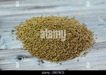 Anise, Pimpinella anisum chiamato anche anice o anice, una pianta fiorente della famiglia Apiaceae, ampiamente coltivata e usata per aromatizzare il cibo, caramelle, e. Foto Stock