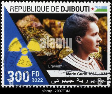 Marie Curie e l'elemento uranio sul francobollo Foto Stock