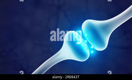 Synapse isolato su sfondo scuro. Sistema nervoso. Trasmissione di impulsi nervosi. illustrazione 3d. Foto Stock