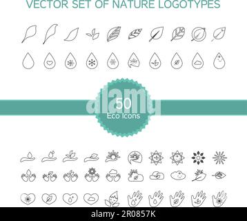 Set di vettore di 50 icone di ecologia, natura logo, simboli di biologia da foglie, mano, sole, neve, drop Illustrazione Vettoriale