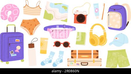 Bagagli turistici, accessori di viaggio. Zaino e valigia, telo da spiaggia da viaggio e mappa. Elementi avventura viaggiatori, cartoon vacanza racy vettore Illustrazione Vettoriale