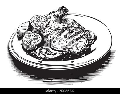 Disegno di pollo alla griglia disegnato a mano in stile doodle Illustrazione Vettoriale