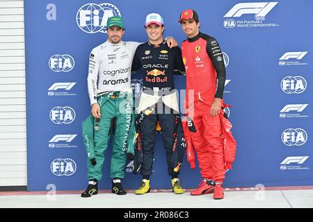 Miami, Stati Uniti. 06th maggio, 2023. MIAMI, Florida, Stati Uniti 06. Maggio 2023; immagine della posizione del palo, #11. Sergio PEREZ Mendoza, MEX, Oracle Red Bull Racing, secondo classificato #14, Fernando ALONSO, ESP, Aston Martin Formula 1 team, E Carlos SAINZ Jr., ESP, Team Scuderia Ferrari, SF-23, FIA Grand Prix di MIAMI Formula 1 nei Miami Gardens intorno al Dolphins American Football Stadium, F1 negli Stati Uniti, immagine a pagamento - Foto Credit: © ATP images/Paolo PEDICELLI (PEDICELLI Paolo/ATP/SPP) Credit: SPP Sport Press Photo. /Alamy Live News Foto Stock