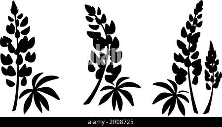 Lupino fiori. Silhouette nere di fiori lupini isolate su sfondo bianco. Set di illustrazioni vettoriali Illustrazione Vettoriale