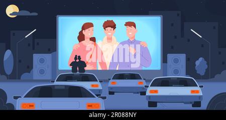 Cinema drive. Coppia romantica seduta auto sul tetto guardare film grande schermo teatro all'aperto di notte spazio parcheggio auto, drive-in sera parco paesaggio splendido vettore illustrazione di cinema auto aperto Illustrazione Vettoriale