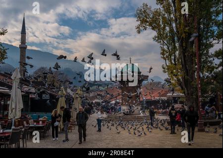 SARAJEVO, BOSNIA-ERZEGOVINA - 14 2022 novembre: Persone che camminano vicino alla fontana di Sebilj in Piazza dei Pigeon, quartiere Bascarsija, Sarajevo Foto Stock