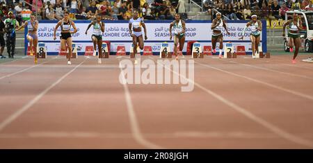 Doha, Qatar, 5 maggio 2023. Dina Asher Smith di Gran Bretagna, Twanisha Terry di USA, Melissa Jefferson di USA gareggiano in 100m gara di Donne durante la Diamond League 2023 al Khalifa International Stadium a Doha, Qatar. 5 maggio 2023. Credito: Nikola Krstic/Alamy Foto Stock