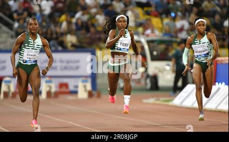 Doha, Qatar, 5 maggio 2023. Dina Asher Smith di Gran Bretagna, Twanisha Terry di USA, Melissa Jefferson di USA gareggiano in 100m gara di Donne durante la Diamond League 2023 al Khalifa International Stadium a Doha, Qatar. 5 maggio 2023. Credito: Nikola Krstic/Alamy Foto Stock