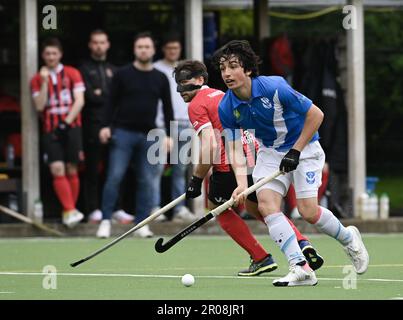Bruxelles, Belgio. 07th maggio, 2023. Guillermo Hainaut di Uccle controlla la palla durante una partita di hockey tra il Royal daring Hockey Club Molenbeek e Uccle, domenica 07 maggio 2023 a Bruxelles, il giorno 22, ultimo giorno della stagione maschile della Lega belga 2022-2023. FOTO DI BELGA JOHN THYS Credit: Belga News Agency/Alamy Live News Foto Stock