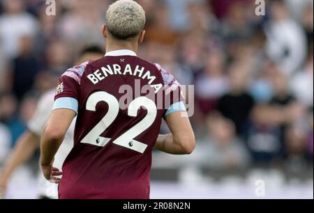 Londra, Regno Unito. 07th maggio, 2023. Ha detto Benrahma di West Ham Utd guarda su. Incontro della Premier League, West Ham Utd contro Manchester Utd al London Stadium, Queen Elizabeth Olympic Park di Londra domenica 7th maggio 2023 . Questa immagine può essere utilizzata solo per scopi editoriali. Editoriale solo foto di Sandra Mailer/Andrew Orchard sports photography/Alamy Live news Credit: Andrew Orchard sports photography/Alamy Live News Foto Stock