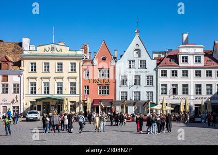 Turisti su Raekoja plats, la piazza del municipio, a Vanalinn, la città vecchia di Tallinn, Estonia Foto Stock