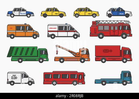 città servise auto camion autobus polizia taxi set vettore piatto illustrazione Illustrazione Vettoriale