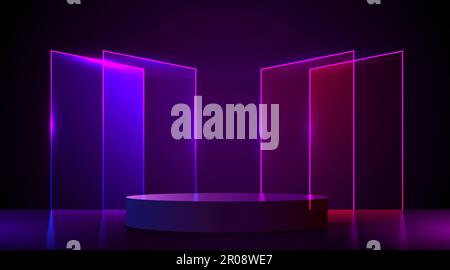 Podio futuristico al neon astratto. Presentazione del prodotto, simulazione, presentazione di prodotti cosmetici, podium, piedistallo o piattaforma. Illustrazione vettoriale Illustrazione Vettoriale