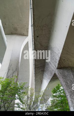 Vista dei ponti galleggianti dell'Interstate 90 dal South Day Street Park di Seattle sabato 6 maggio 2023. La linea della metropolitana leggera East link dal centro Foto Stock