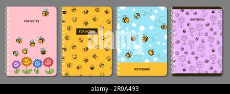 Bee miele personaggi e fiori notebook, retro trendy cover blocco note. Fumetti honeybee insetti mascotte personaggi con volti divertenti design per pianificatore, brochure, libro. Pagina di layout del modello di catalogo Illustrazione Vettoriale