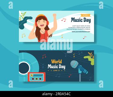 World Music Day Banner orizzontale Cartoon modelli disegnati a mano sfondo Illustrazione Illustrazione Vettoriale