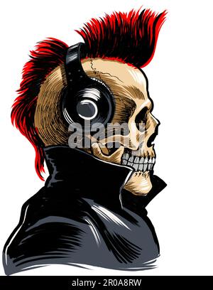 Dead punk in cuffie che ascoltano rock. Inchiostro disegnato a mano su carta e colorato a mano su tavoletta Foto Stock