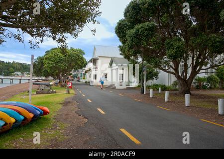 Russel Nuova Zelanda - Febbraio 2 2011; Kayaks colorati sulla riva sotto alberi di pohutukawa tra la strada e il bordo dell'acqua. Foto Stock