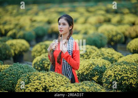 8 gennaio 2023: Ritratto di una bella ragazza vietnamita nel giardino di crisantemo lampone nella città di SA Dec Foto Stock