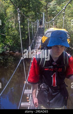 Attraversando il fiume Loddon sul sentiero per Frenchmans Cap Foto Stock