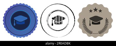 Istruzione accademica laurea cappello medaglia blu nero francobollo rotondo concorso vincitore emblema rotondo badge Illustrazione Vettoriale