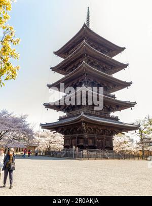 Kyoto Giappone - 28 marzo 2023: To-ji Gojunoto (Pagoda a cinque piani) e Sakura in fiore nel tempio to-ji a Kyoto, Giappone Foto Stock