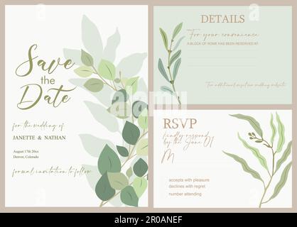 Matrimonio salvare la data invito carta eucalipto. Illustrazione Vettoriale