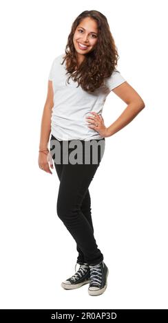 Shes positivamente casual. Studio girato di una donna completamente naturale isolato su bianco. Foto Stock