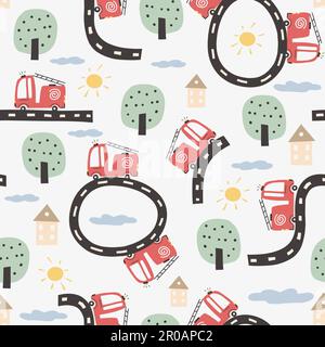 Carino modello senza cuciture con strade e trasporti. Illustrazione dei cartoni animati in stile scandinavo infantile disegnato a mano. Illustrazione Vettoriale