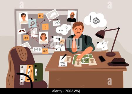 Opere private detective. L'ispettore raccoglie le prove e crea catene logiche. Ufficio di polizia. Uomo seduto al tavolo. Pannello investigativo. Premuroso Illustrazione Vettoriale