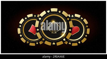 Trio di fiches da gioco. Fiche realistiche con il vestito di picche al centro, gettoni da gioco. Il concetto di giocare a poker o casinò. Gioco d'azzardo Illustrazione Vettoriale