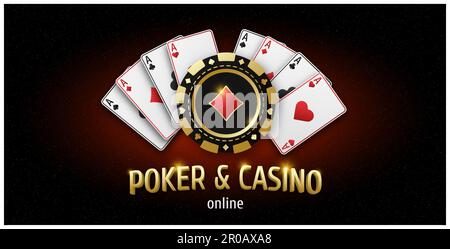 Illustrazione con testo Poker e Casino. Chip da gioco realistico con tuta di diamante, gettoni da gioco. Fan di carte da gioco asso di tutti i vestiti. Gioco d'azzardo b Illustrazione Vettoriale