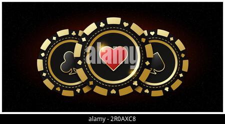 Trio di fiches da gioco. Chip di gioco realistico con il vestito di cuori al centro, gettoni da gioco. Il concetto di giocare a poker o casinò. Gioco d'azzardo Illustrazione Vettoriale
