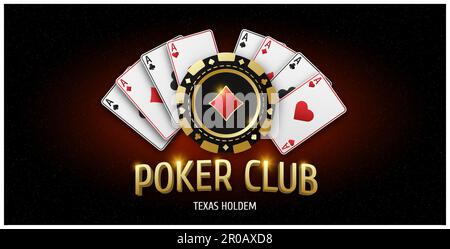 Illustrazione con testo Poker Club. Chip da gioco realistico con tuta di diamante, gettoni da gioco. Fan di carte da gioco asso di tutti i vestiti. Banner del gioco d'azzardo Illustrazione Vettoriale