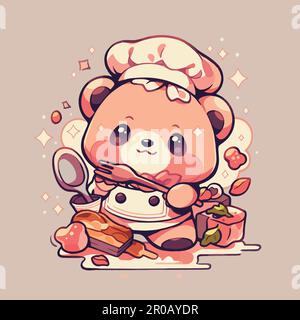 Un simpatico orsetto di cartoni animati sta cucinando in cucina. Illustrazione Vettoriale
