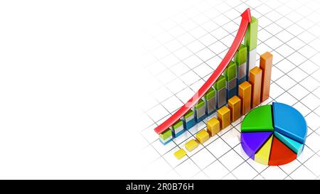 In aumento la vendita bar e grafico a torta che mostra i dati finanziari. 3D'illustrazione. Foto Stock