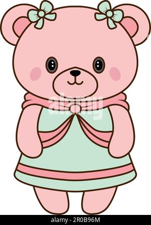 Vettore carino orso bambola in principessa vestito icona. Orsetto rosa vettoriale con archi e abito blu icona Illustrazione Vettoriale