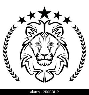 Linea bianca e nera arte della parte anteriore del leone testa re con corona è segno di leo zodiac buon uso per simbolo mascotte icona avatar tatuaggio T Shirt Illustrazione Vettoriale