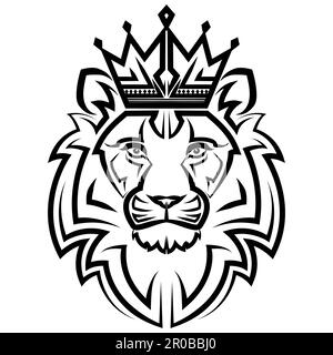 Linea bianca e nera arte della parte anteriore del leone testa re con corona è segno di leo zodiac buon uso per simbolo mascotte icona avatar tatuaggio T Shirt Illustrazione Vettoriale