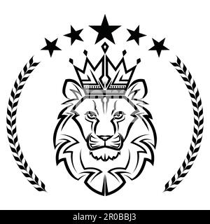 Linea bianca e nera arte della parte anteriore del leone testa re con corona è segno di leo zodiac buon uso per simbolo mascotte icona avatar tatuaggio T Shirt Illustrazione Vettoriale