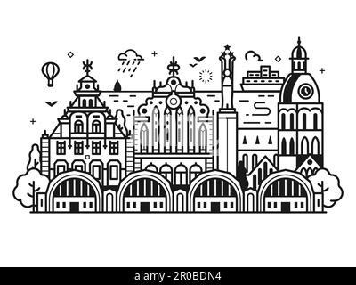 Città vecchia di riga Skyline in Line Art Illustrazione Vettoriale