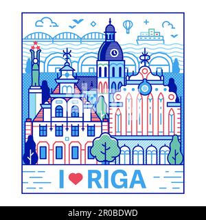 I Love riga Travel Poster in Line Art Illustrazione Vettoriale