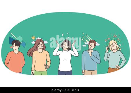 Persone diverse con pensieri e sentimenti diversi in testa. Uomini e donne che pensano, immaginando e progettando. Emozioni ed espressioni in mente. Visualizzazione. Illustrazione vettoriale. Illustrazione Vettoriale