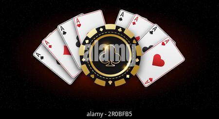 Chip realistico con il vestito di club, gettoni da gioco. Fan di carte da gioco asso di tutti i vestiti. Il concetto di giocare a poker o casinò. Gambli Foto Stock