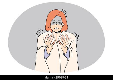Donna infelice sentirsi ansioso guardare le mani rosse soffrono di malattia o malattia. La donna sconvolto con coperta sulle spalle ha dita frostbite lotta con il tempo freddo. Illustrazione vettoriale. Illustrazione Vettoriale