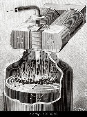 Motore magnetico Edison Pyro. Antica incisione del 19th ° secolo da la Nature 1887 Foto Stock